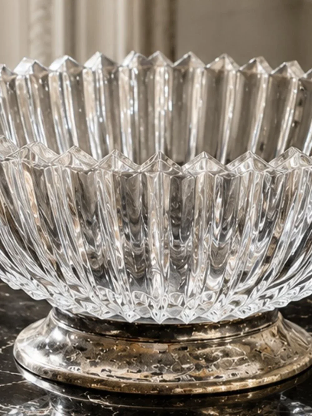 Vintage Silver Plated Footed Ribbed Glass Pedestal Serving Bowl